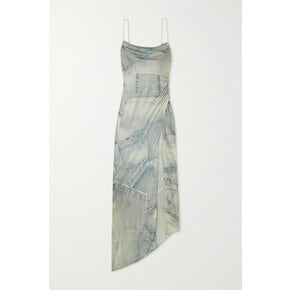 Acadia Draped Printed Stretch-silk Satin Maxi Dress 라이트 데님