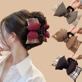 왕 리본 데일리 회사 헤어 집게핀 올림머리 똥머리 반머리 체크 머리핀