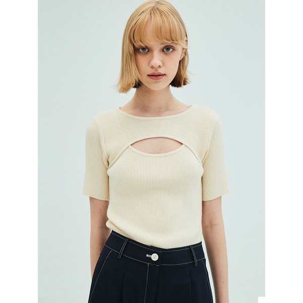 Cut out Short Sleeve Slim Knit_Cream