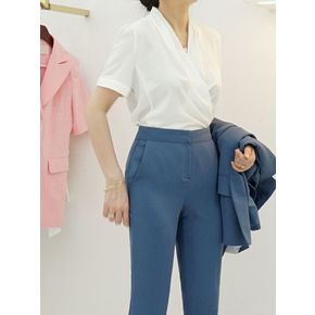 / S/S 브이넥 쉬폰 랩 셔링 반팔 블라우스