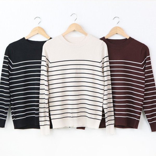 3종세트 여성 봄 스트라이프 니트 라운드넥 긴팔 데일리 단가라 니트티 출근룩