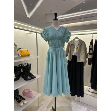 ZOOC 브이넥  셔링 밴딩 플레어 롱 원피스 Z252MSE030