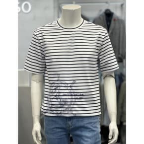 바쏘 세이브존01 네이비 스트라이프 라운드 자수 아트웍 티셔츠 BSX2KR37ANY (15149257)