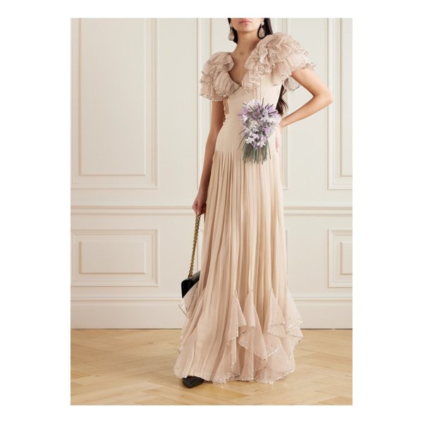 벨트 러플 장식 실크 조젯 가운 라이트 브라운 1647597350357378