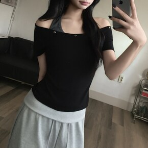 코미 아일렛 레이어드 홀터넥 오프숄더 반팔 티셔츠3color