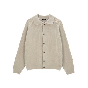 Bold Rib Raglan Collar Knit Cardigan - Beige