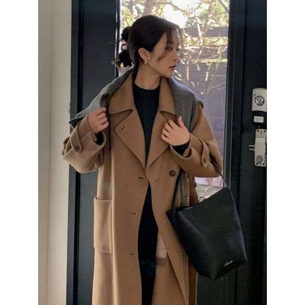 Cashmere Wool Blend Double Collar Long Coat Camel AT5COF063CM
