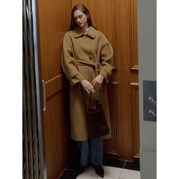Cashmere Wool Blend Double Collar Long Coat Camel AT5COF063CM