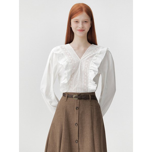 레이스 프릴 V넥 블라우스 (TLBAH7402)