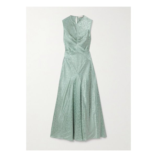 도엔 지네트 패널 플로럴 자카드 새틴 미디 드레스 비취 그린 46376663162911338