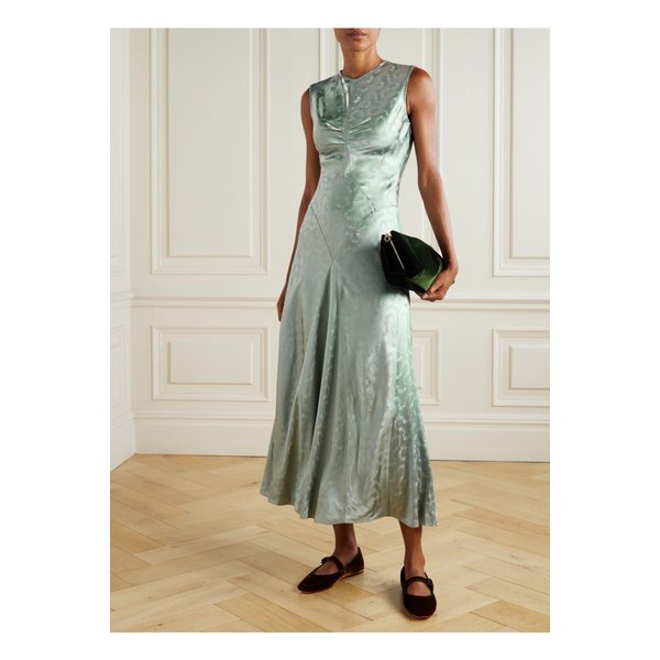 도엔 지네트 패널 플로럴 자카드 새틴 미디 드레스 비취 그린 46376663162911338