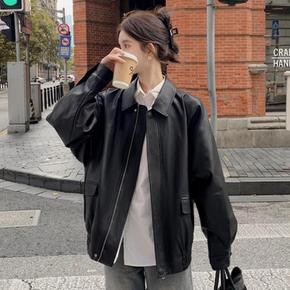 여자 FW 투컬러 트렌디 집업 레더 박시핏 자켓