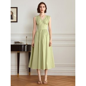 YY_V-neck waist pleats dress_LIGHT OLIVE