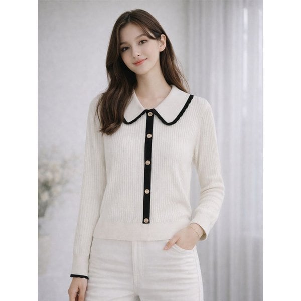 배색 스켈럽 카라넥 니트 풀오버 (VMUCB2918)