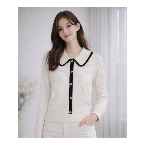 배색 스켈럽 카라넥 니트 풀오버 (VMUCB2918)