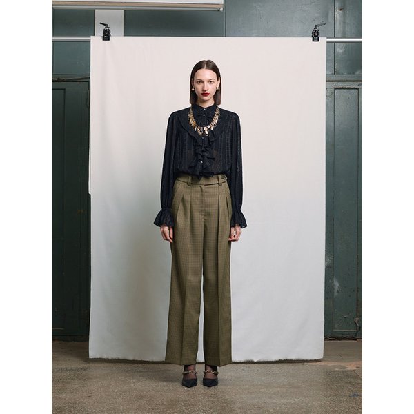 BEIGE HOUNDSTOOTH CHECK EXTENDED BELT 2-TUCK PANTS