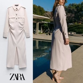 자라 ZARA 여성 롱 원피스 드레이프 웨이스트 미디 긴팔 카라 드레스