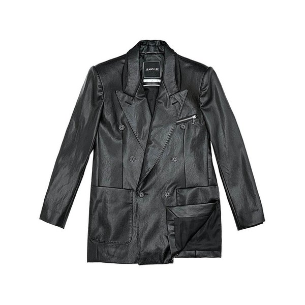 BLACK FAUX LEATHER GUSSET COLLAR DOUBLE JACKET