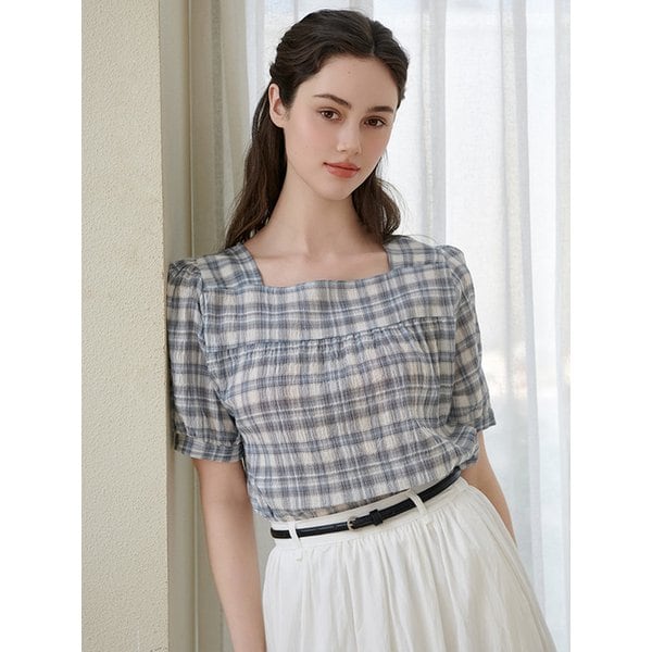 체크 스퀘어넥 반팔 블라우스 (VMBAE2446)