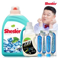 강호동의 쉬슬러 액상 세제 후레쉬 3.05L 1개+스포츠의류전용 650ml 1개+치석케어 치약 100g 2개.