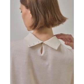 merino wool 70% silk 30%   back button knit top(white)