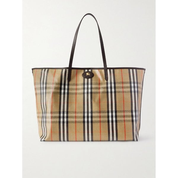 풀그레인 가죽 트리밍 체크 코팅 캔버스 토트백 46376663162858598