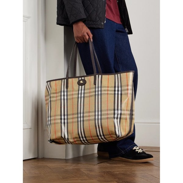 풀그레인 가죽 트리밍 체크 코팅 캔버스 토트백 46376663162858598