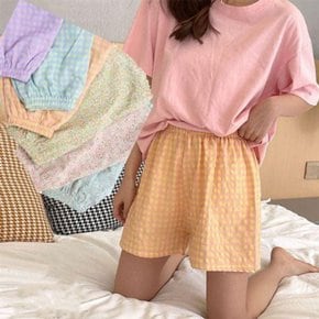 플라워 격자 패턴 면 반바지 파자마 잠옷 여름 7부 긴 쿨링 무지 여성 반 잠옷 스판 바지 고무줄