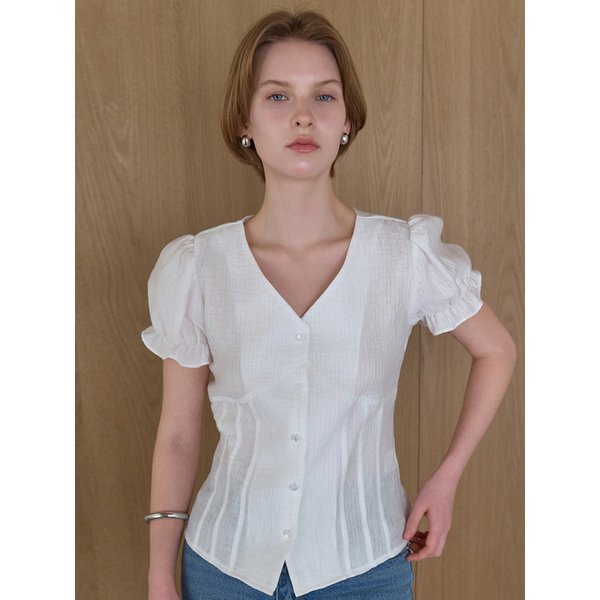 브이넥 핀턱 하프 블라우스 화이트 BE069