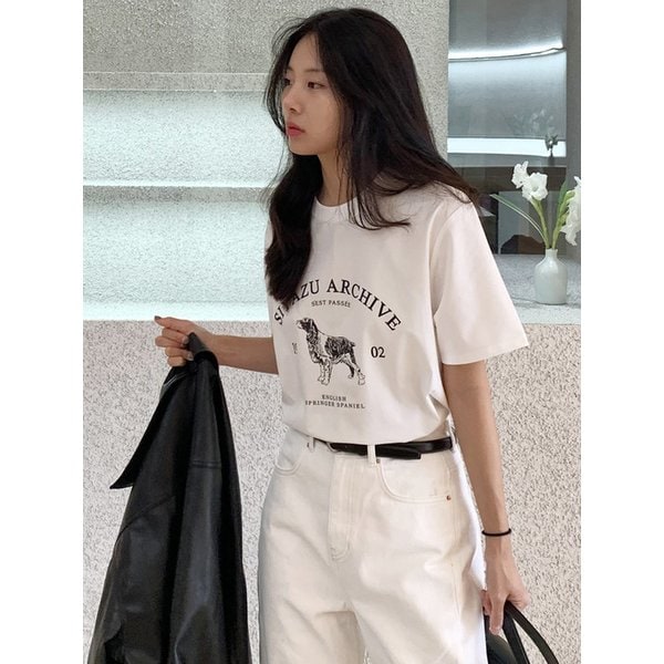 [단독][S 사이즈 추가] SITP5191 아카이브 하운드 프린팅 반팔티_Ivory