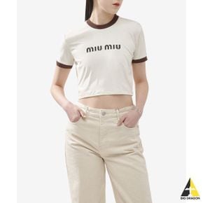 MIU 미우미우 로고 크롭 반소매 티셔츠 - 아이보리 MJN427133NF0304 115207456