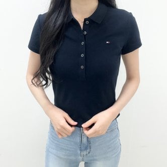 타미힐피거 여성 5버튼 슬림핏 미니 플래그 로고 피케 카라 반팔 티셔츠