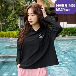 헤링본 여성 후드 래쉬가드 루즈핏 크롭 수영복 긴팔 상의 빅사이즈 비치웨어 휴양지 바캉스 RI389