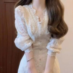 레이스 버튼디테일 파티룩 드라엘롱원피스