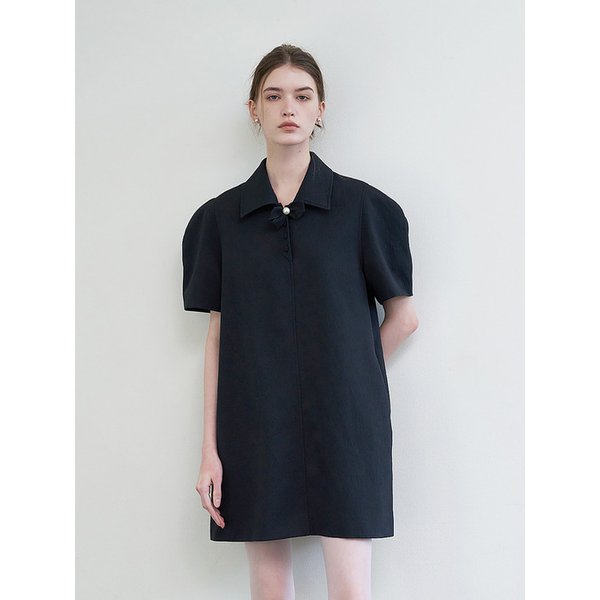 카라 퍼프 원피스 - 블랙 (브로치 세트)