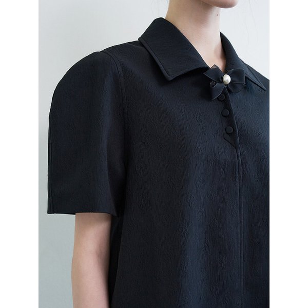 카라 퍼프 원피스 - 블랙 (브로치 세트)