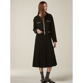 Tweed tape trimming pleated dress - Black