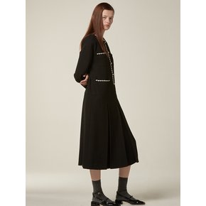 Tweed tape trimming pleated dress - Black