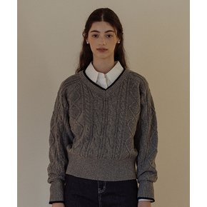 V-neck lambswool cable knit_Gray