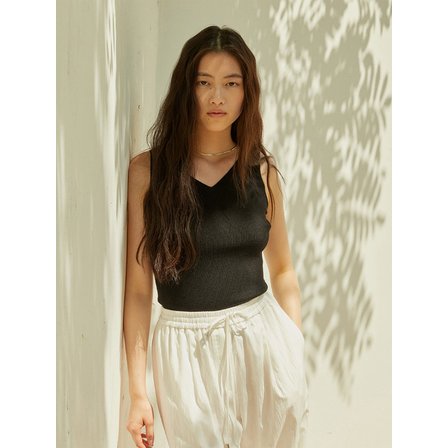 스너그유 Two-Way Ribbed V-Neck Knit Tank_S M_Ivory Beige Black