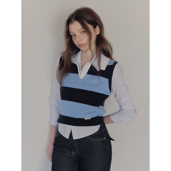 컬틴 카라 스트라이프 배색 슬리브리스 니트