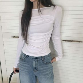 여성 슬림핏 셔링 라운드넥 긴소매 티셔츠
