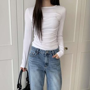 여성 슬림핏 셔링 라운드넥 긴소매 티셔츠