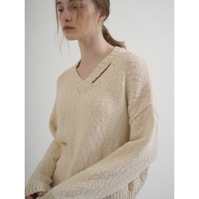 Cotton Slavic V-neck Cutting Knit (Cream_beige)