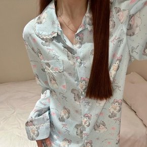 큐티 캐츠 레이스 긴팔 수면 잠옷 파자마 세트