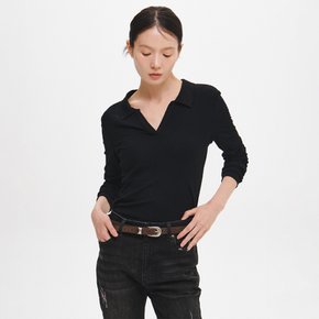 WOMAN 컷 디테일 오픈카라 티셔츠 [BLACK] / GF3LTS509
