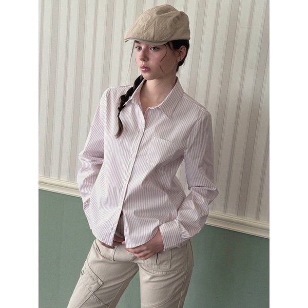 론티 스트라이프 자수 포켓 긴팔 셔츠