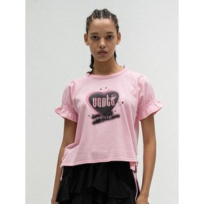 Logo tee with shirring sleeves in pink