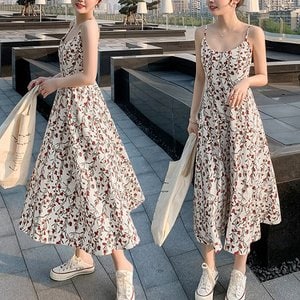 디작소 여성 꽃무늬 패턴 끈조절 나시 원피스 드레스