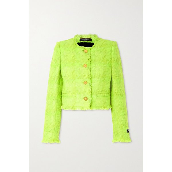 프린지 메탈릭 체크 울 혼방 트위드 재킷 브라이트 그린